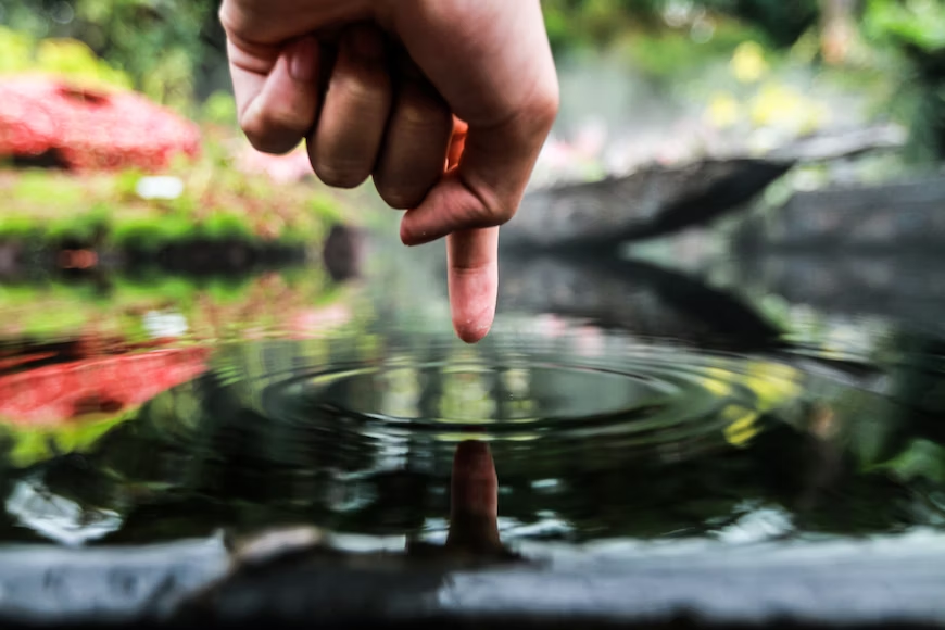 Finger touching water causing ripple effect.